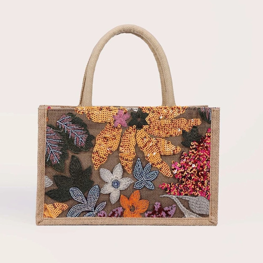 Boho Sequin Embroidered Burlap Medium Size Tote Bag - Picture 2 of 11